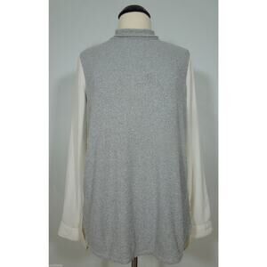 ANN TAYLOR LOFT Knit Top L LARGE Gray Ribbed Ivory Sheer Back and Sleeves